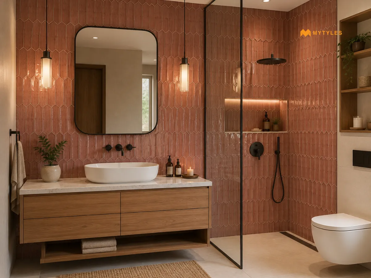 Matching Picket Tiles Across the Vanity and Shower